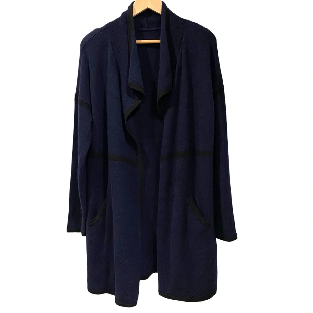 Ladies Navy Super Soft Cashmere Waterfall Open Sweater Cardigan with Pockets L - Picture 3 of 7